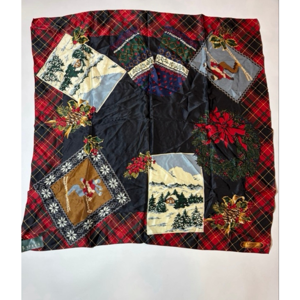 Lauren Ralph Lauren Silk Holiday Ski Winter Scene Plaid Square Scarf NWT